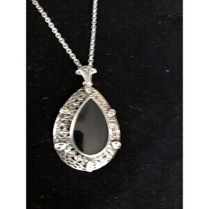 Vintage Sterling Silver Marcasite Black Onyx Pendant on Sterling Silver 24”Chain